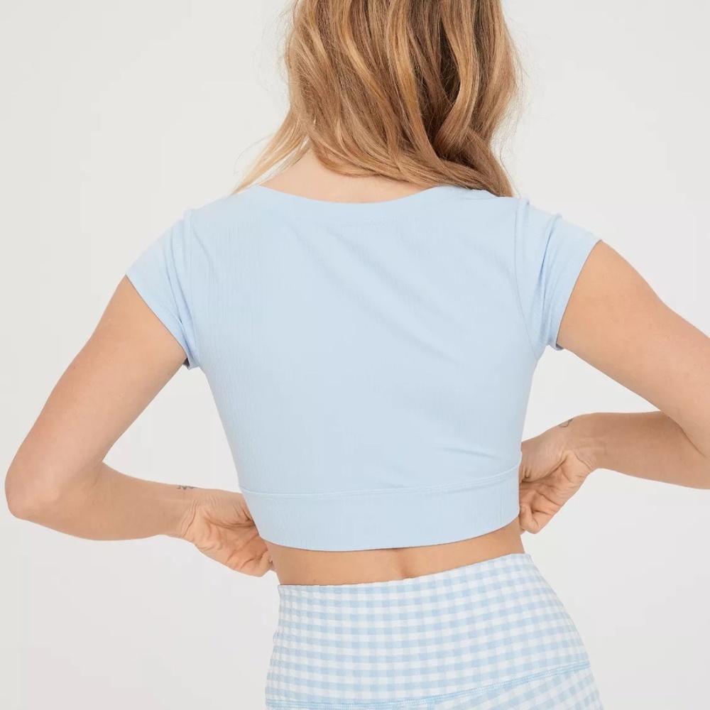 OFFLINE By Aerie Real Me Henley Crop Tee in Ribbed Baby Blue | Size XS - Picture 2 of 10